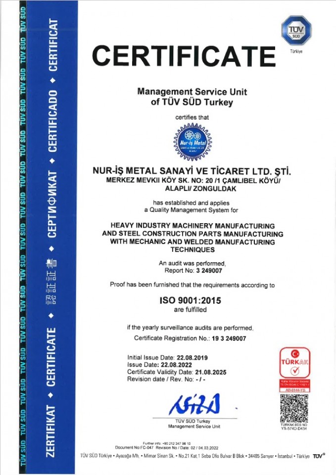 TS EN ISO 9001:2015 Quality Management System Certificates 