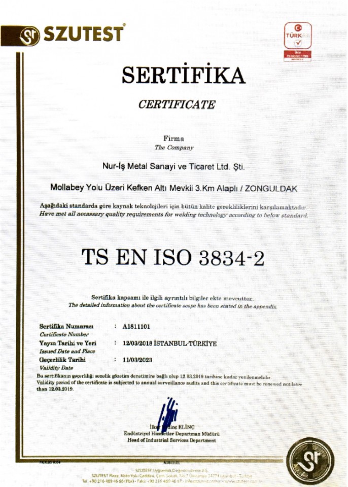 TS EN ISO 3834-2 Welding Certificate